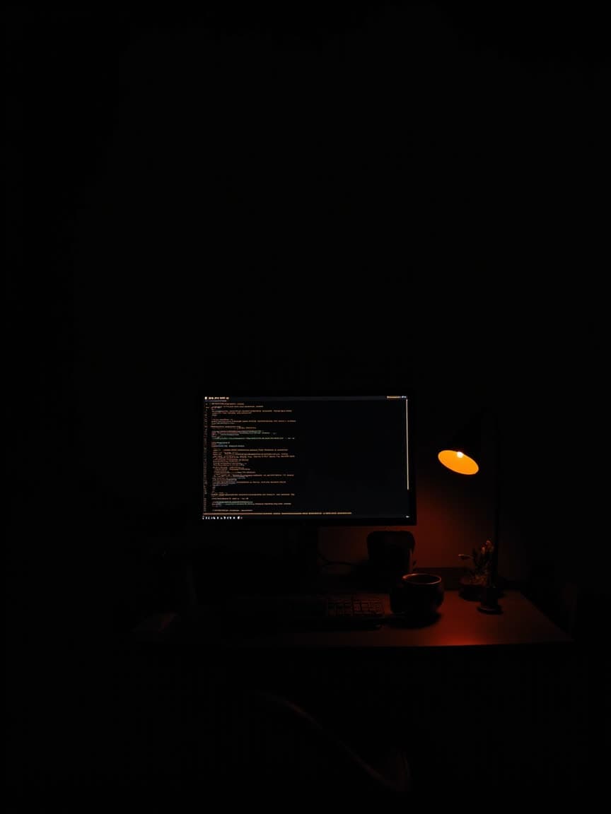 Dark workspace at night — code on the monitor, warm amber desk lamp