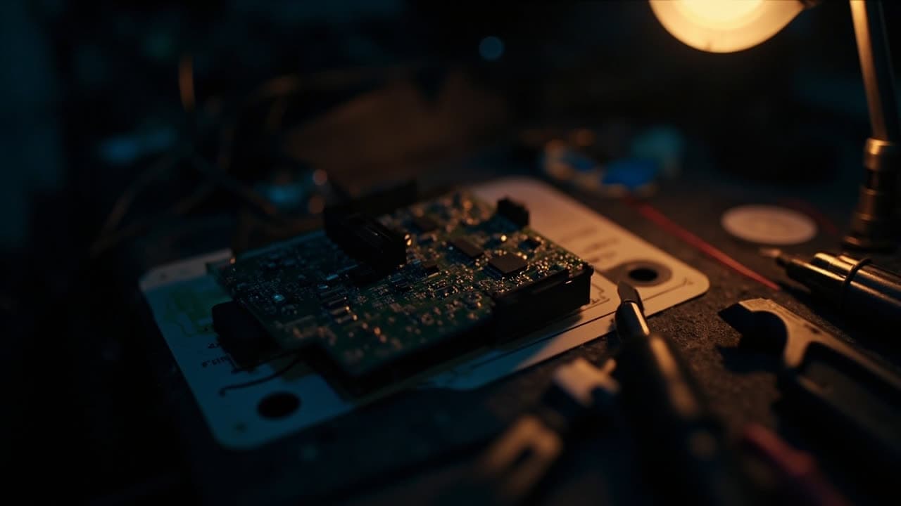 ECU circuit board on a workbench under a warm lamp (demo placeholder)