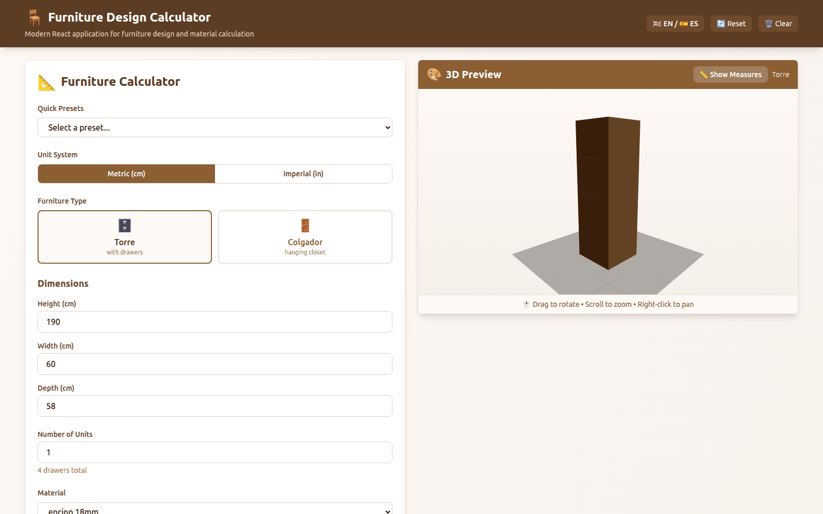 Furniture cut-list designer — calculator inputs beside a 3D wardrobe preview