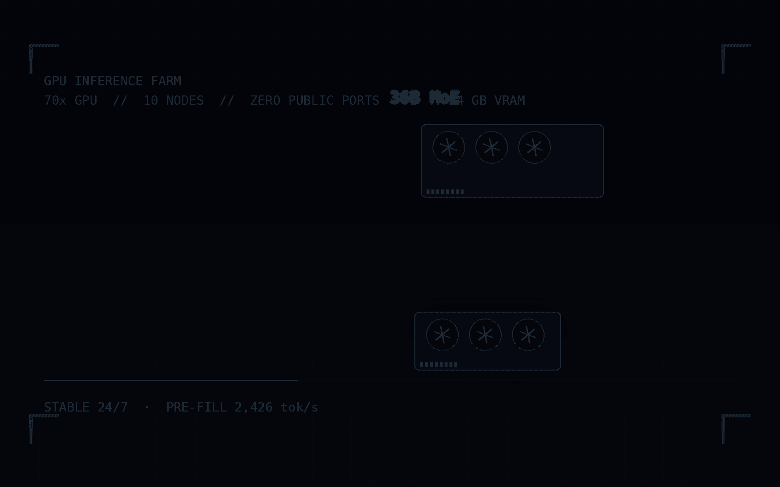Self-hosted GPU inference platform — GPU farm rack and accelerator card with HUD overlays