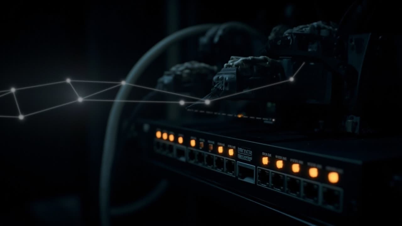 MikroTik router with amber status LEDs in a dark cabinet